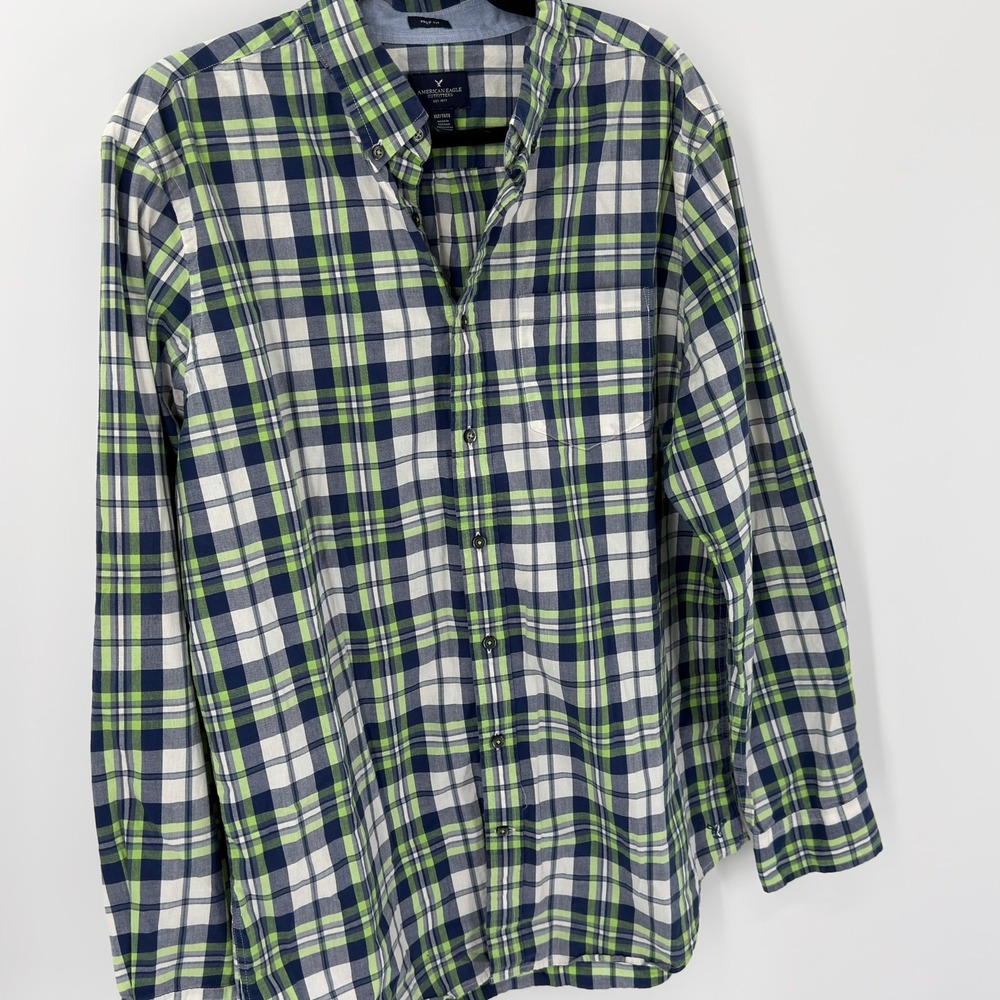 American Eagle Plaid Button‎ Down Prep Fit Modern Men XLT Green Navy Blue White